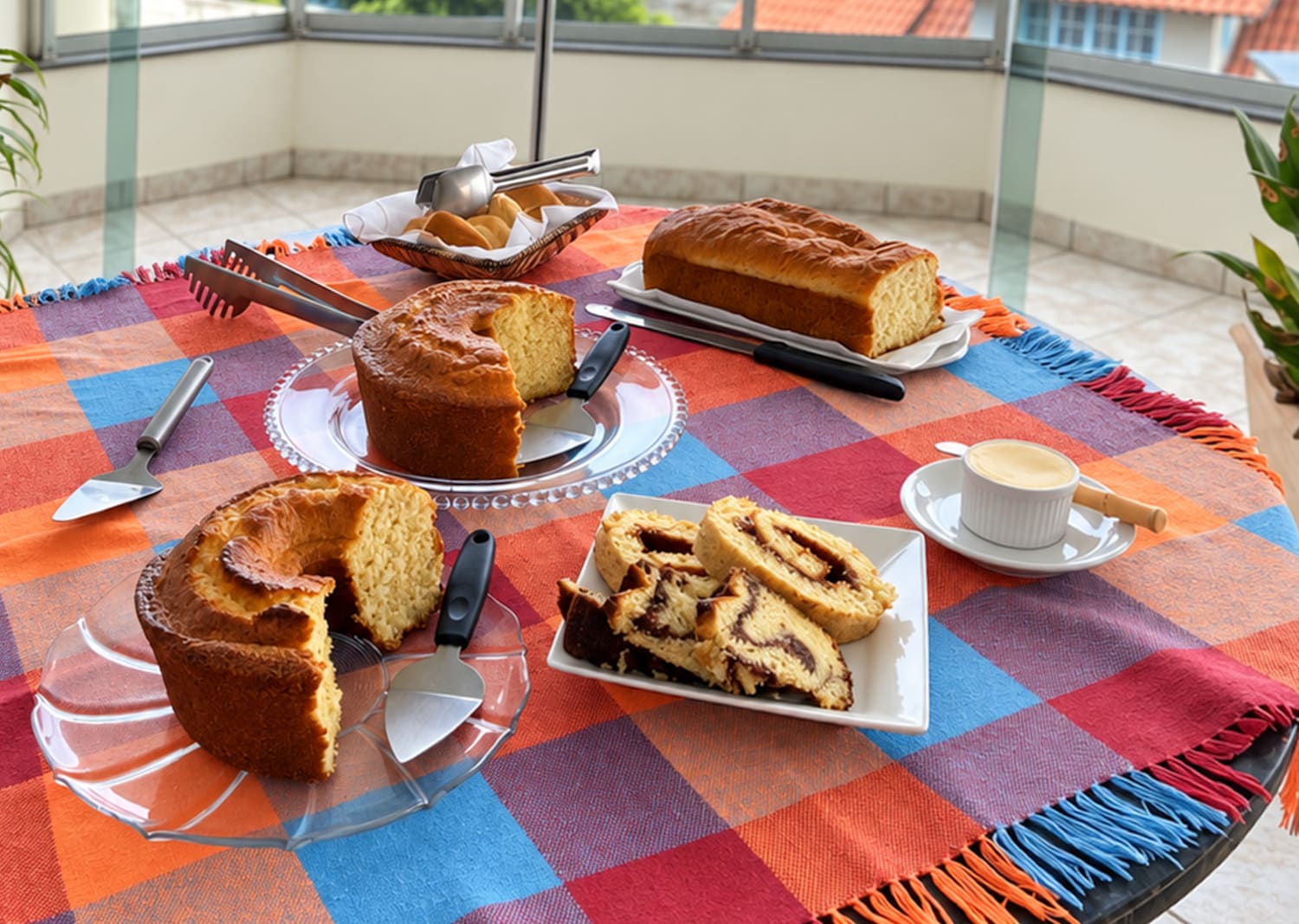 Mesa de café da manhã com bolos caseiros e pão fresco