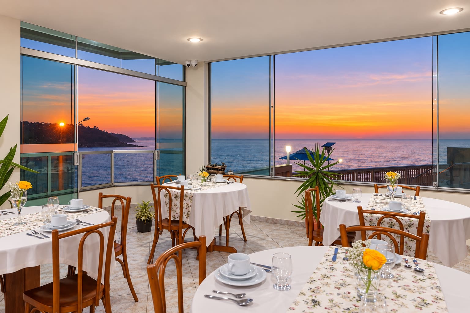 Salão do café da manhã com mesas postas e vista para o mar ao amanhecer